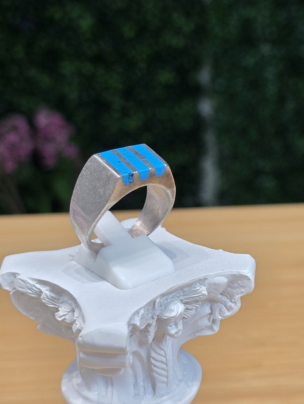 Silver Ring with Blue Enamel Stripes